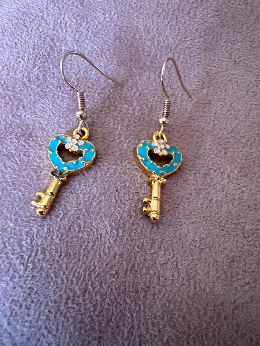 Gold Key Heart Drop Earrings with Turquoise Enamel